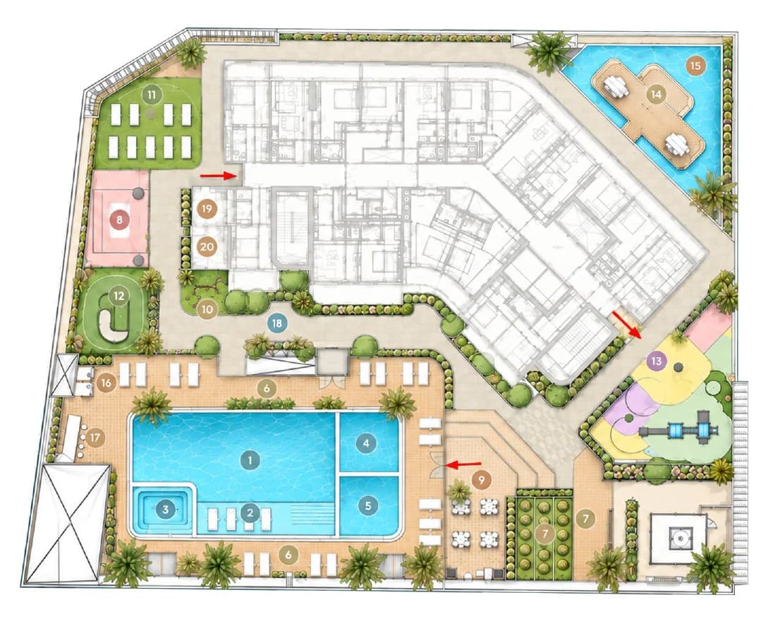 Amenity plan — First floor · the podium