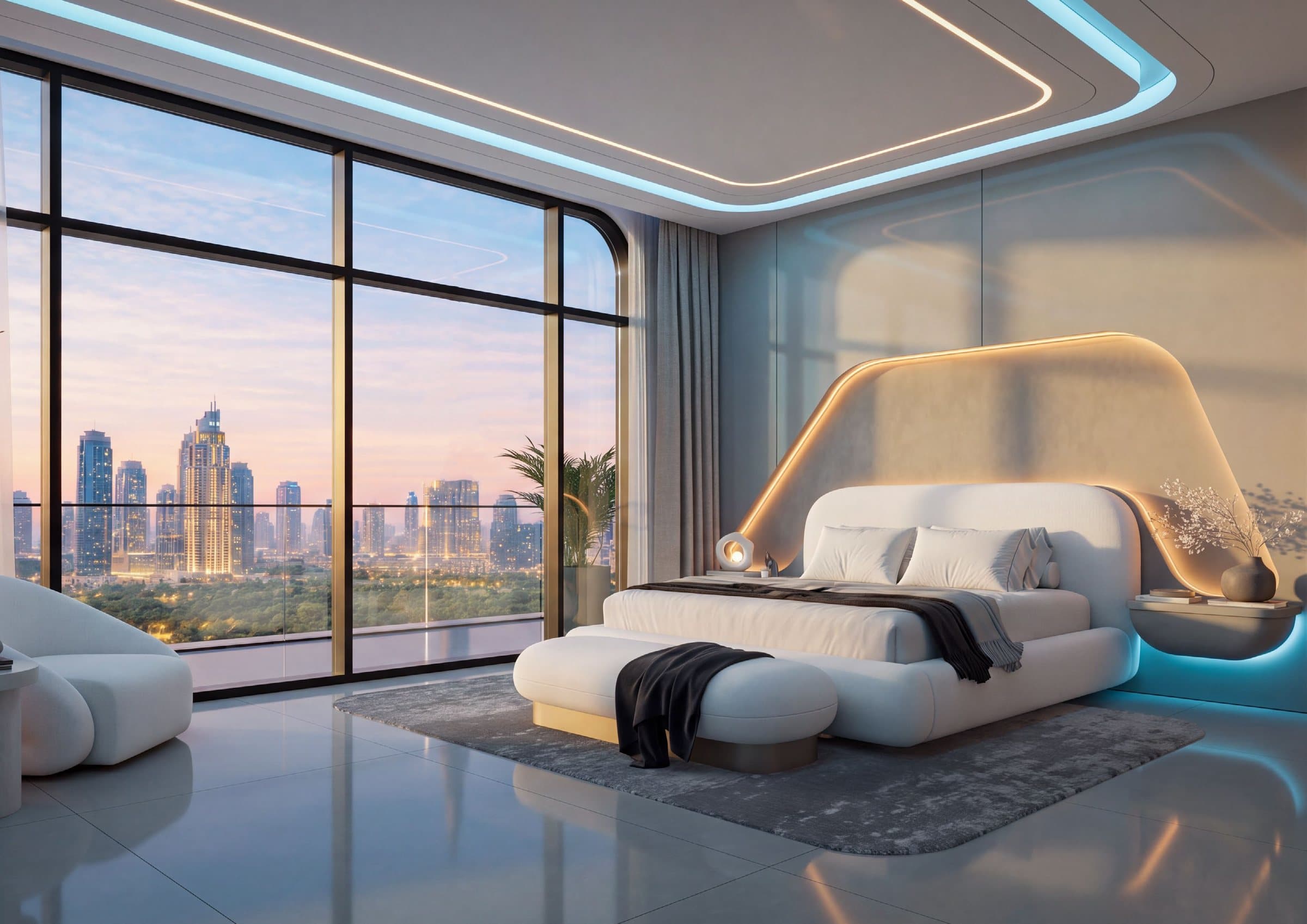 A bedroom with city views
