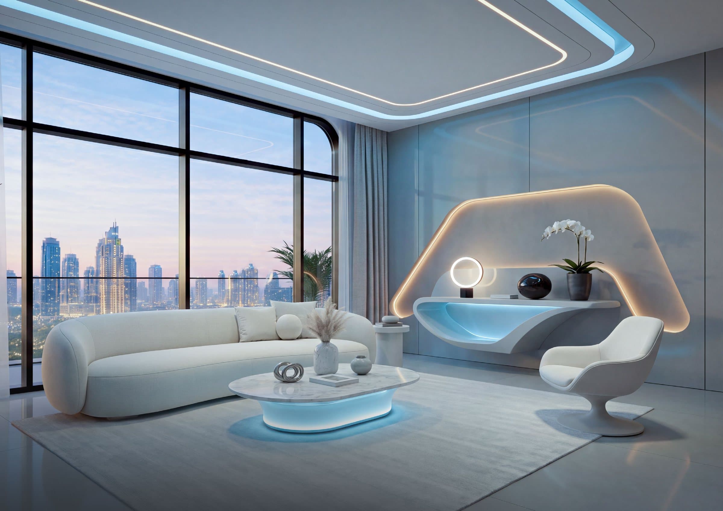 A living room with floor-to-ceiling glass and cove lighting
